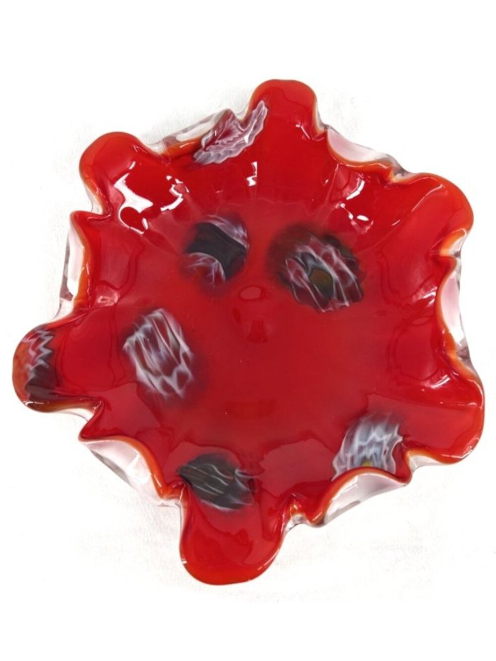 Art Glass Red Bowl Stretch Flower Cane 7.5" Murano Vintage